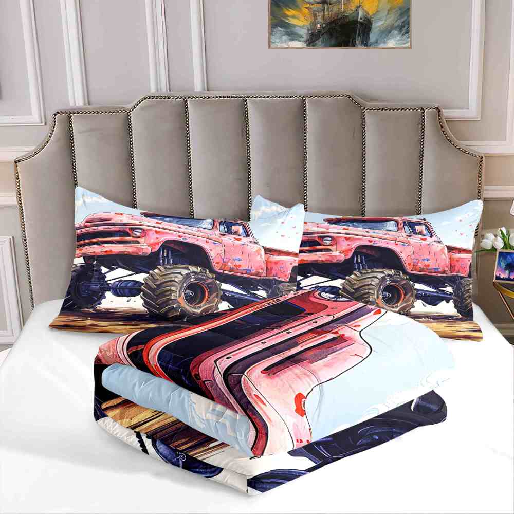 Red Heart Vintage Monster Truck Comforter Set Kids Bedding | CozyLil