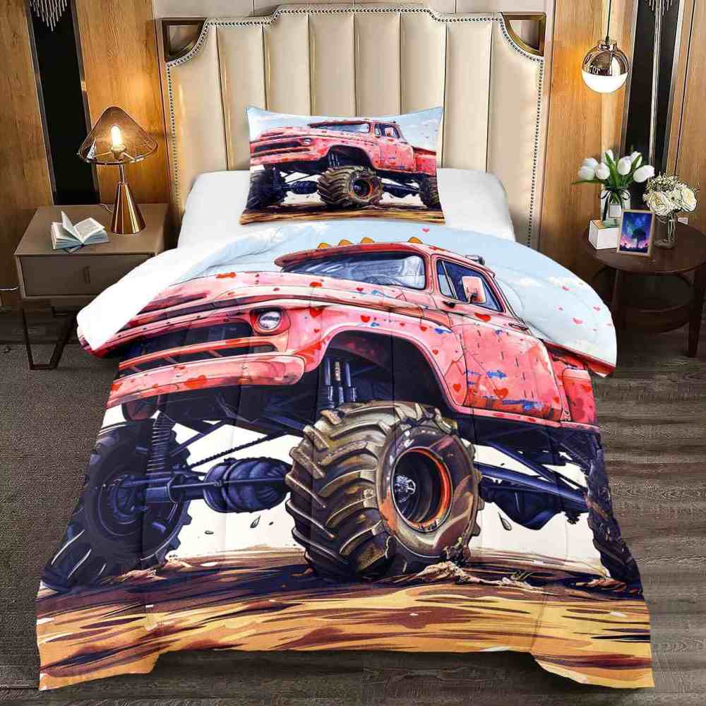 Red Heart Vintage Monster Truck Comforter Set Kids Bedding | CozyLil