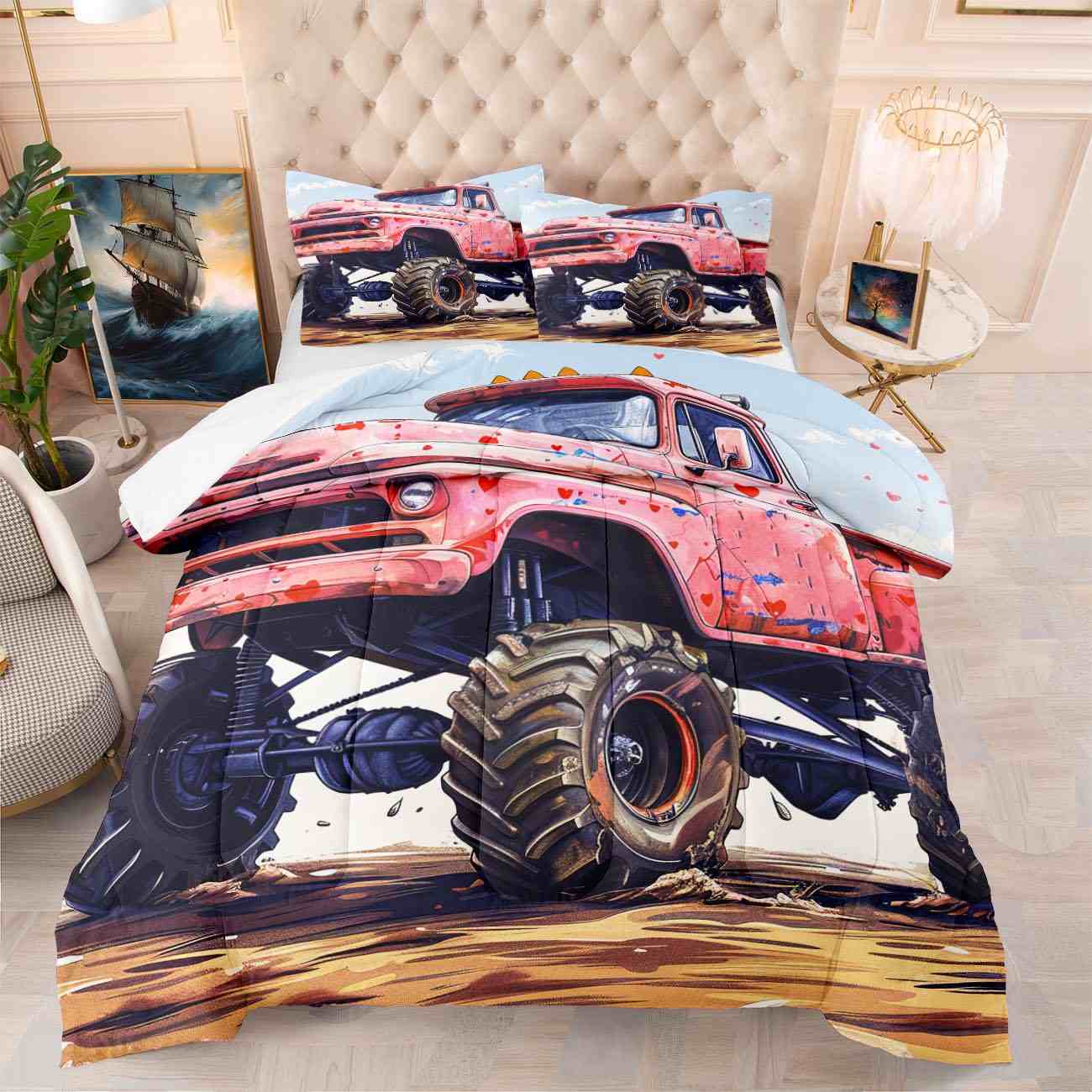 Red Heart Vintage Monster Truck Comforter Set Kids Bedding | CozyLil