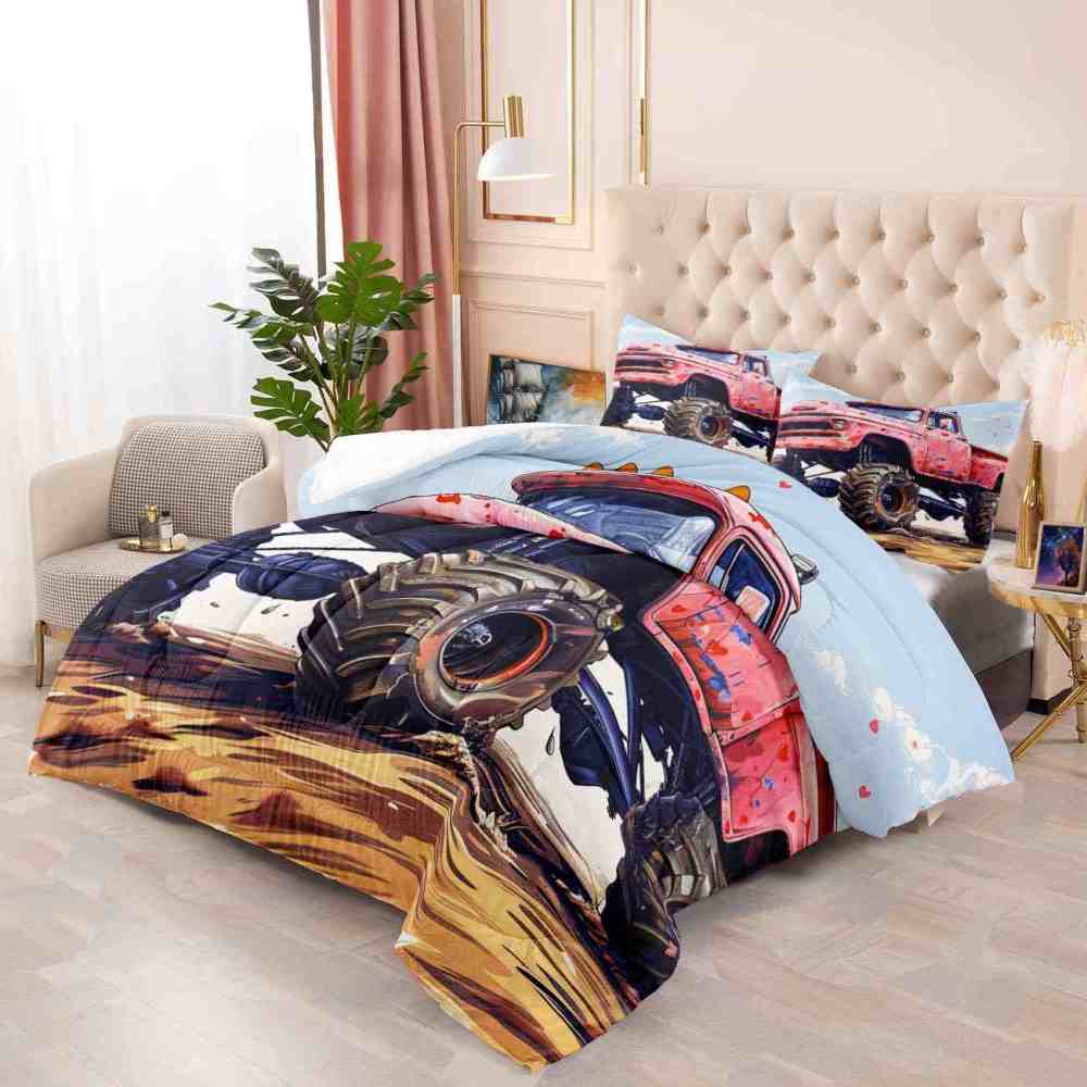 Red Heart Vintage Monster Truck Comforter Set Kids Bedding | CozyLil