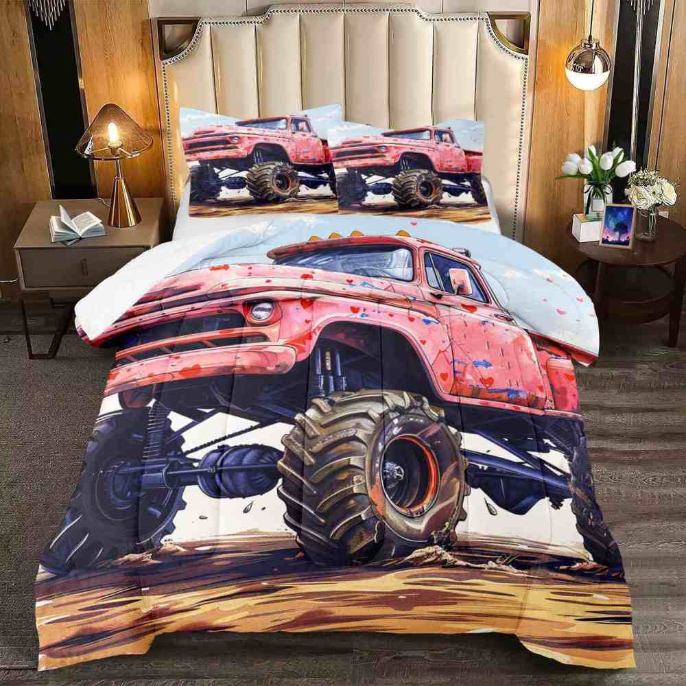 Red Heart Vintage Monster Truck Comforter Set Kids Bedding | CozyLil
