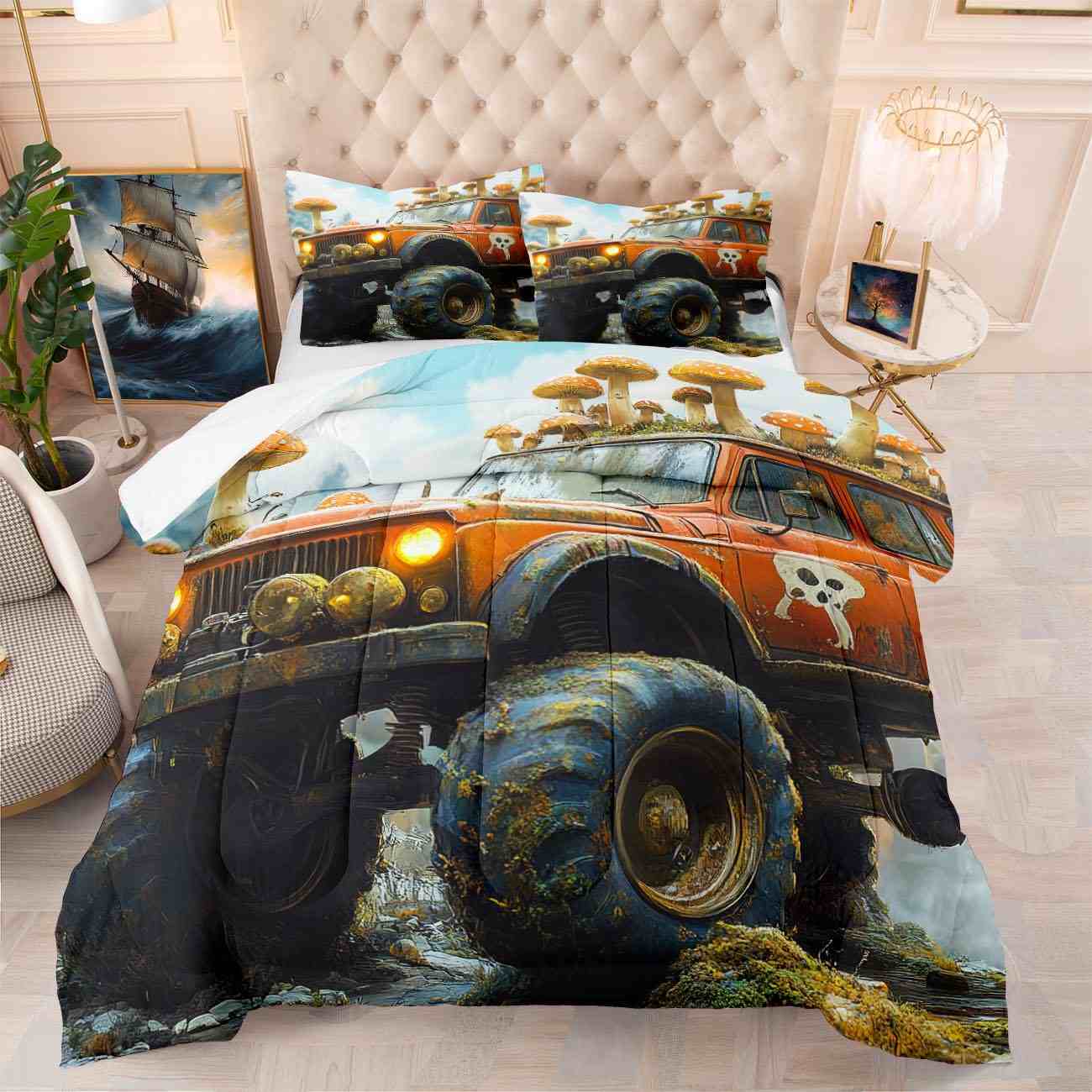 Skull Truck Forest Mushroom Comforter Set Teens Bedding | CozyLil