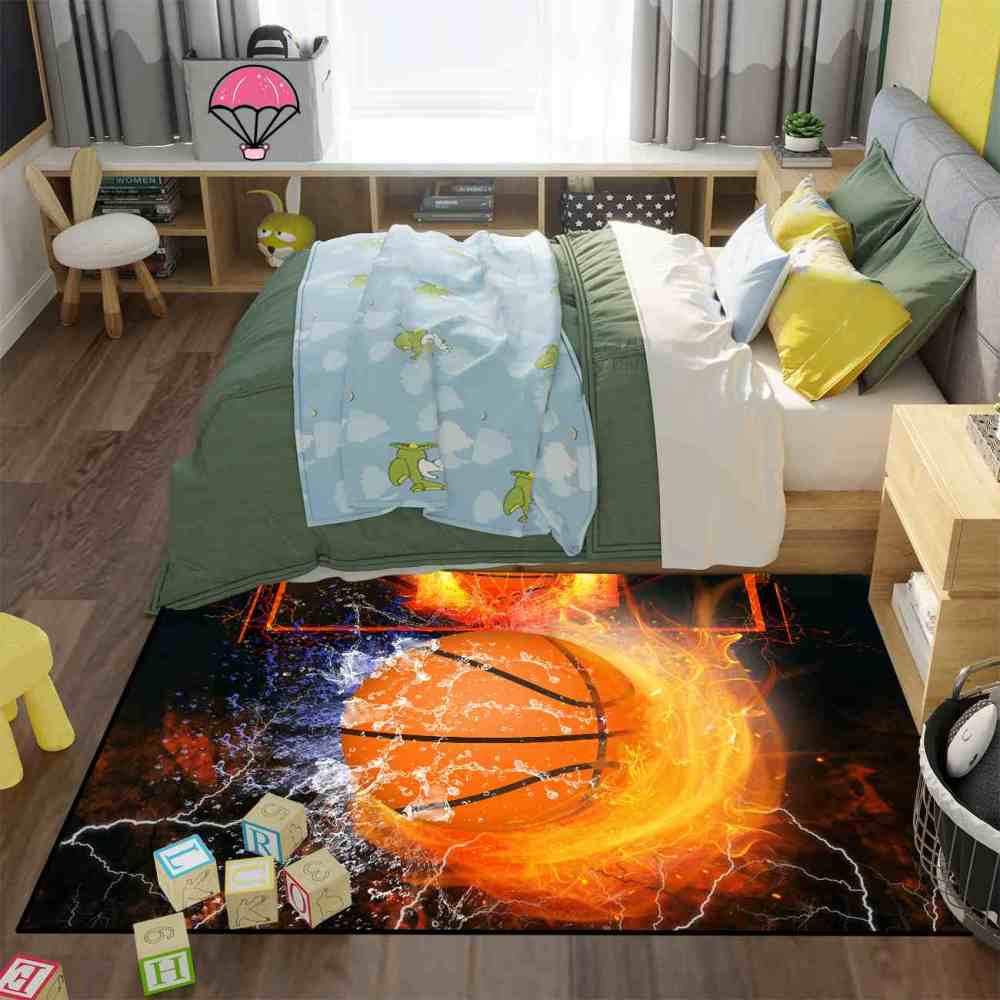 Flaming Basketball Dunk Area Rug for Gamer & Sports Room | CozyLil