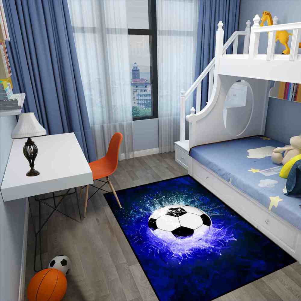 Blue Fire Soccer Ball Area Rug for Kids & Teens | CozyLil
