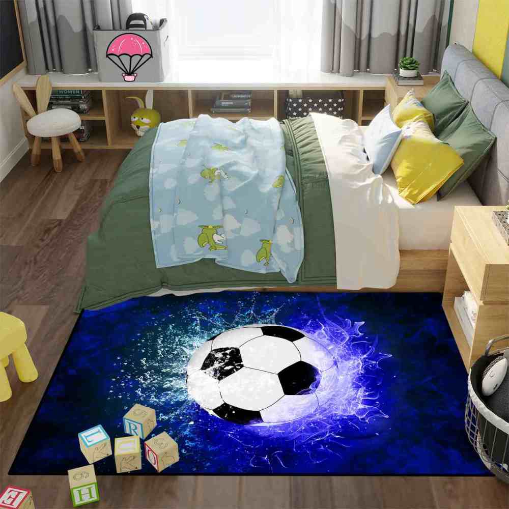 Blue Fire Soccer Ball Area Rug for Kids & Teens | CozyLil