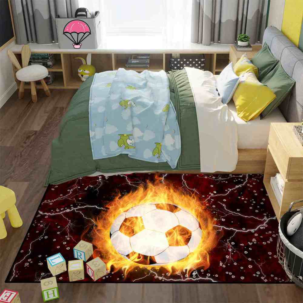 Flaming Soccer Ball Lightning Area Rug for Boys Room | CozyLil