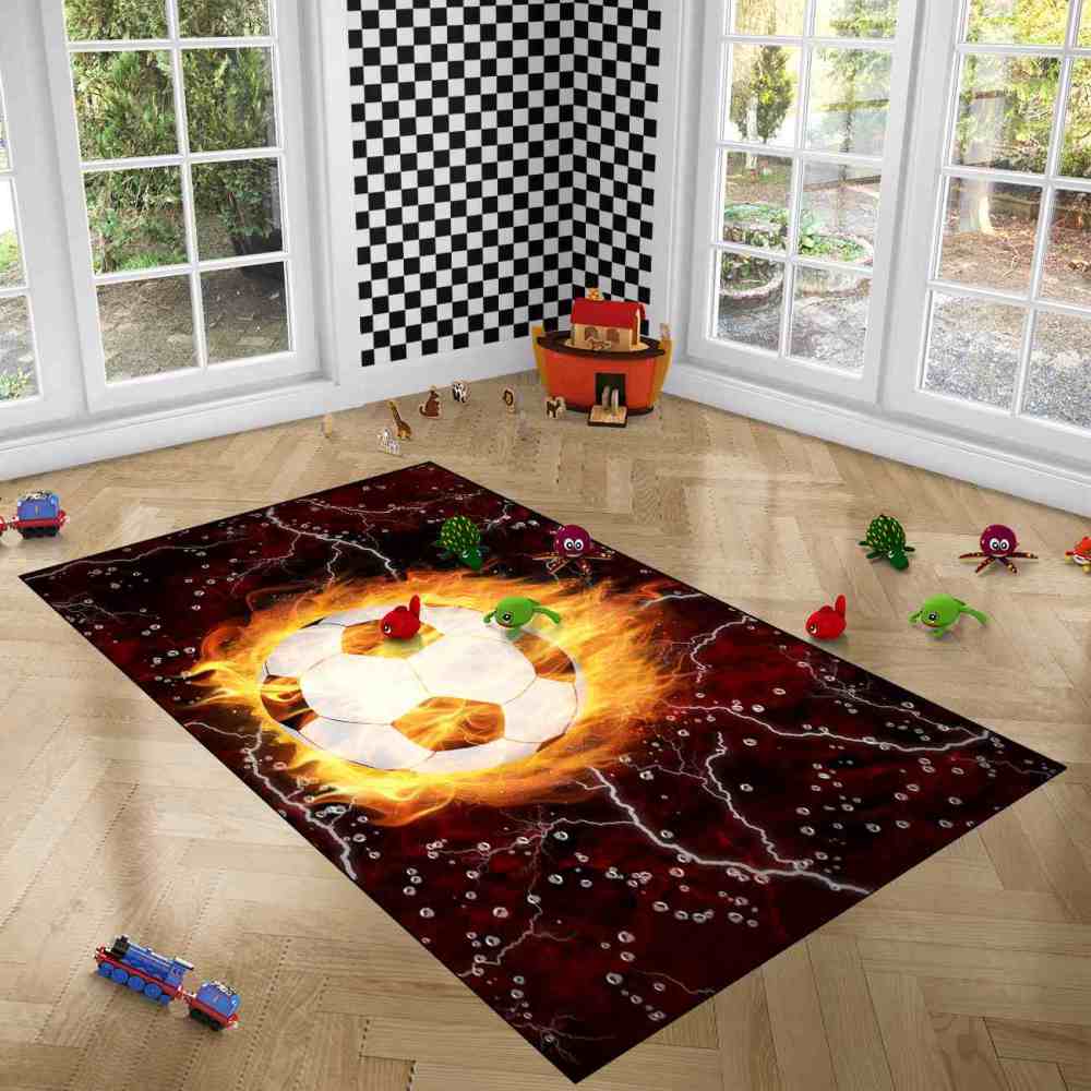 Flaming Soccer Ball Lightning Area Rug for Boys Room | CozyLil