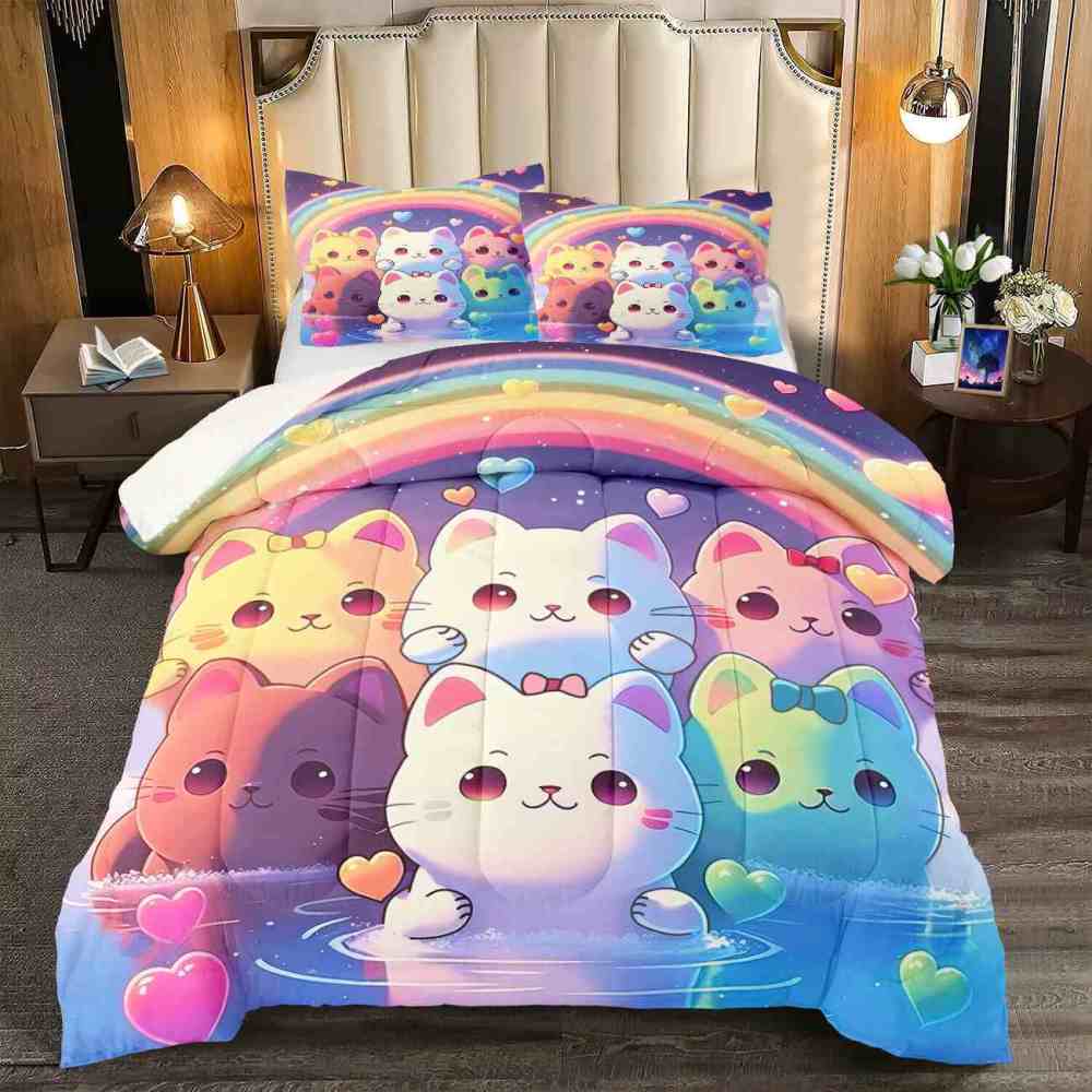 Pastel Rainbow Kawaii Cats Girls Comforter Set | CozyLil