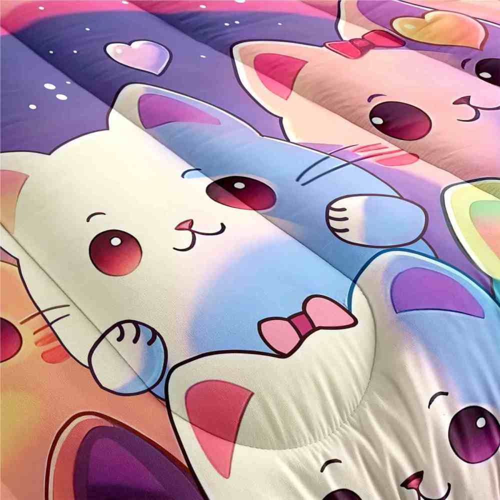 Pastel Rainbow Kawaii Cats Girls Comforter Set | CozyLil
