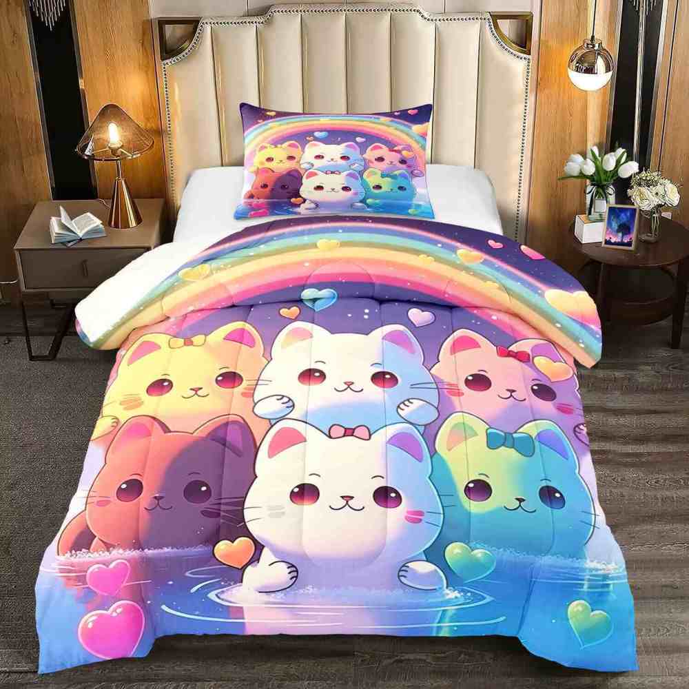 Pastel Rainbow Kawaii Cats Girls Comforter Set | CozyLil