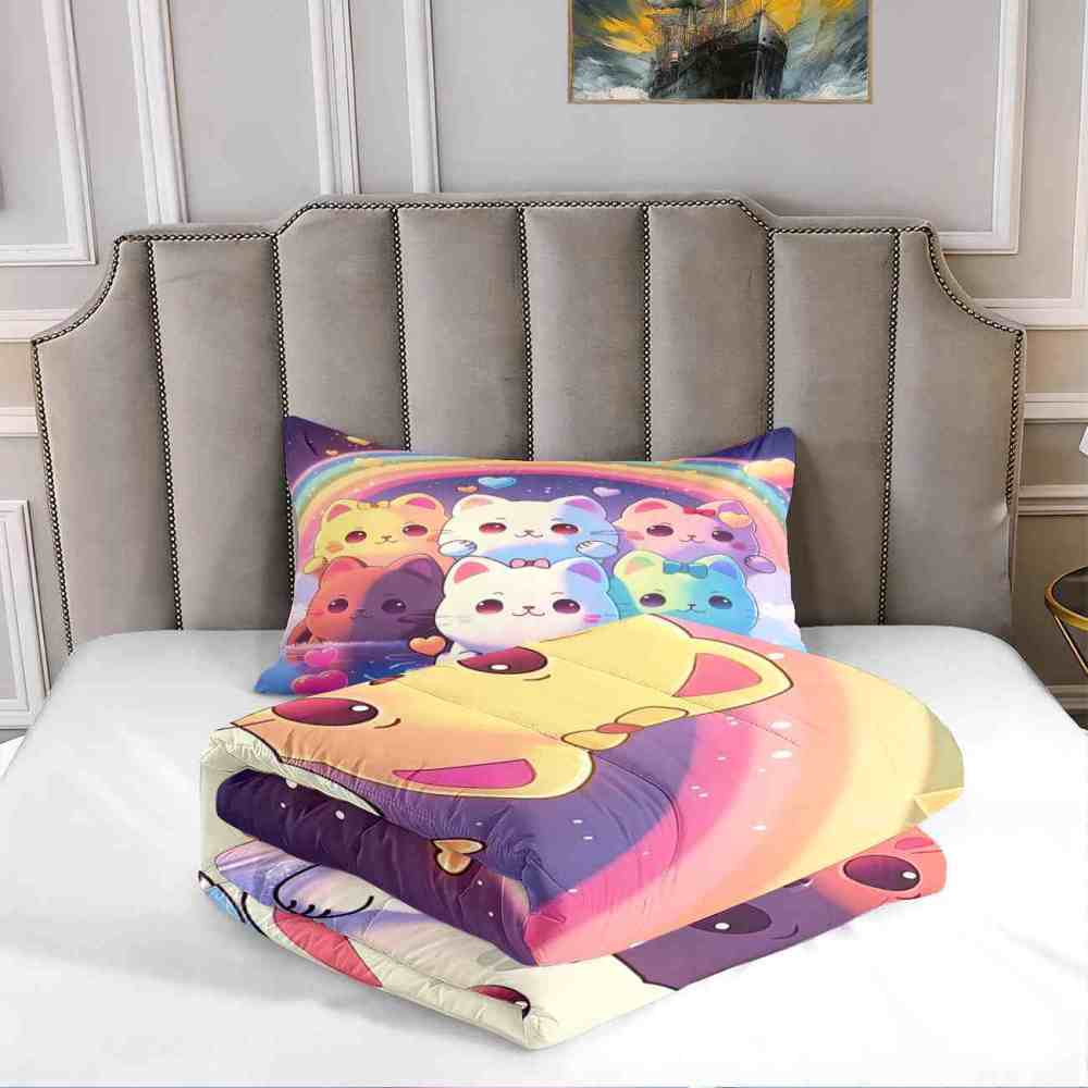 Pastel Rainbow Kawaii Cats Girls Comforter Set | CozyLil