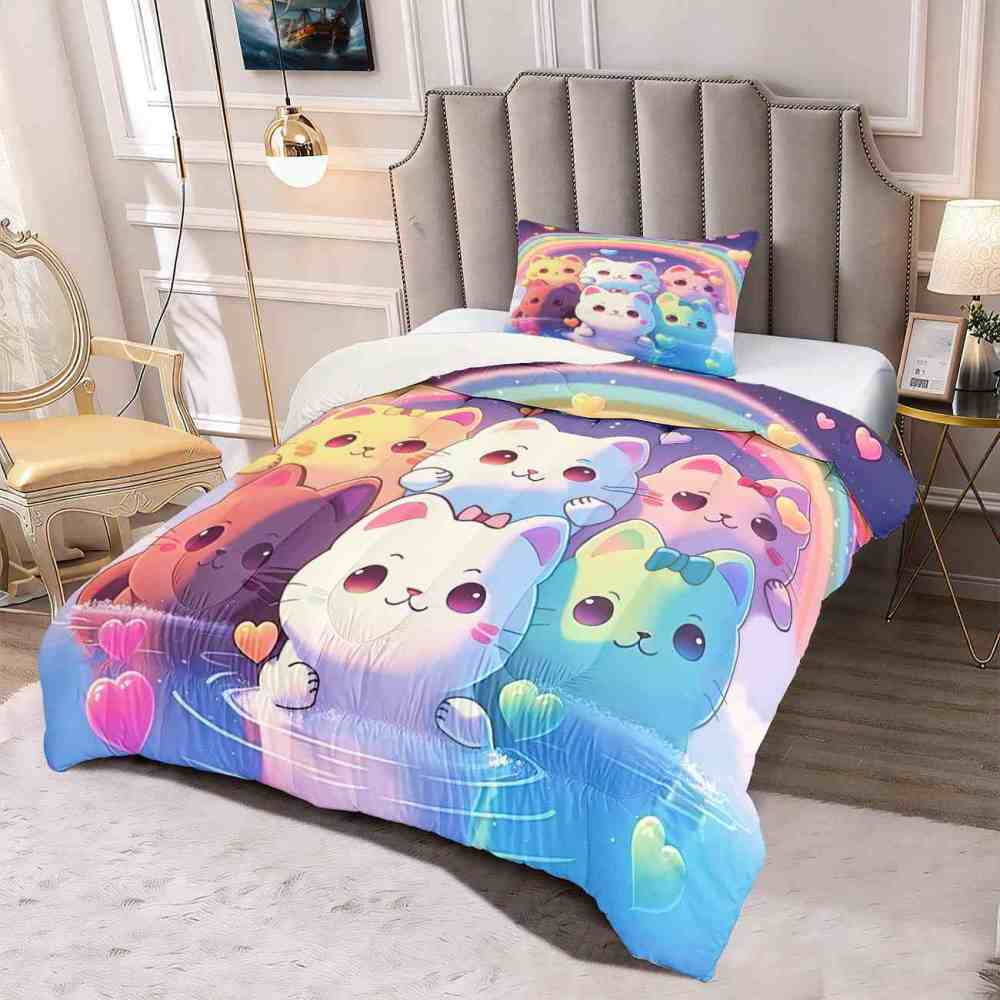 Pastel Rainbow Kawaii Cats Girls Comforter Set | CozyLil
