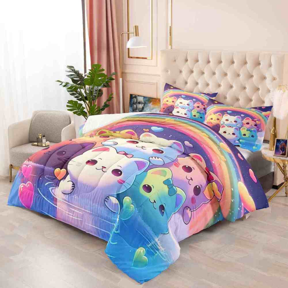 Pastel Rainbow Kawaii Cats Girls Comforter Set | CozyLil