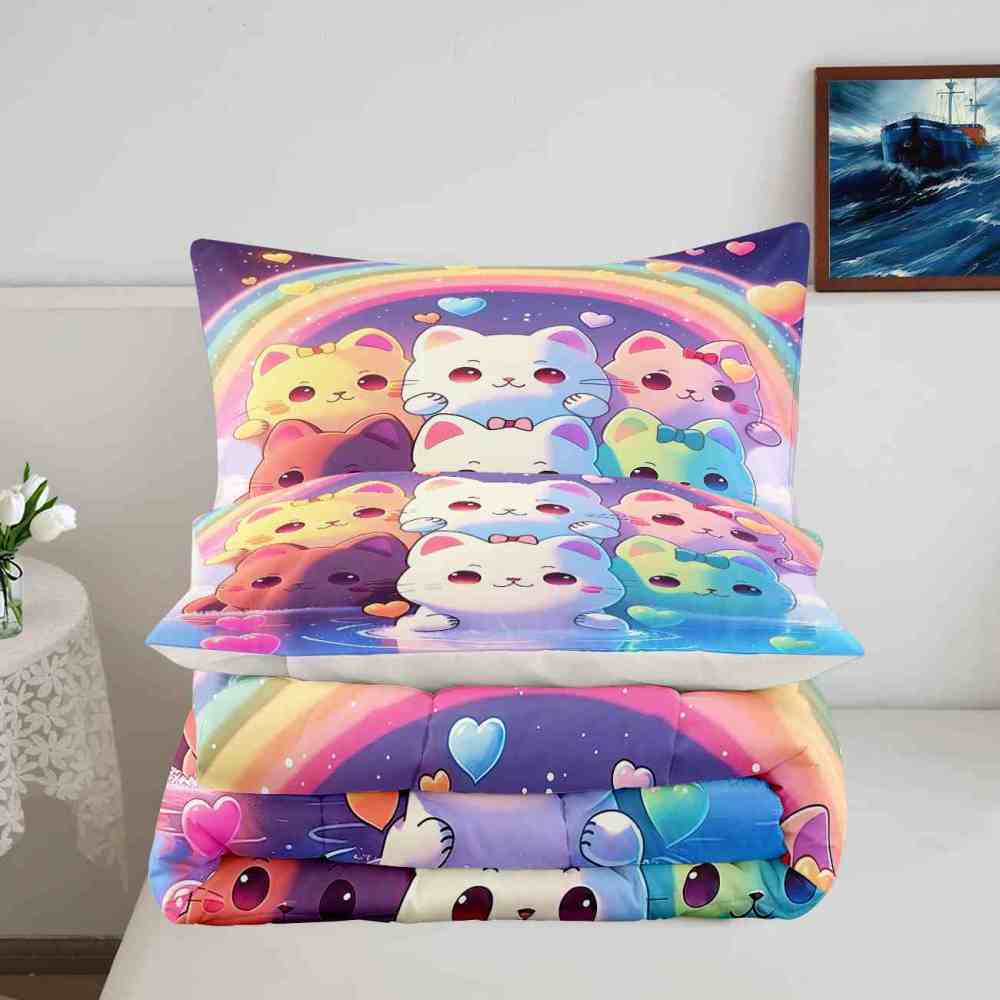 Pastel Rainbow Kawaii Cats Girls Comforter Set | CozyLil