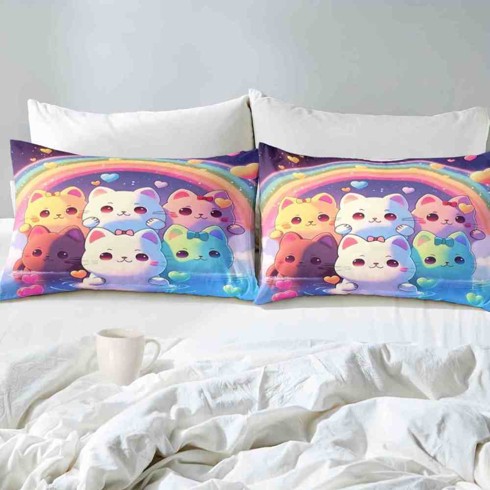 Pastel Rainbow Kawaii Cats Girls Comforter Set | CozyLil