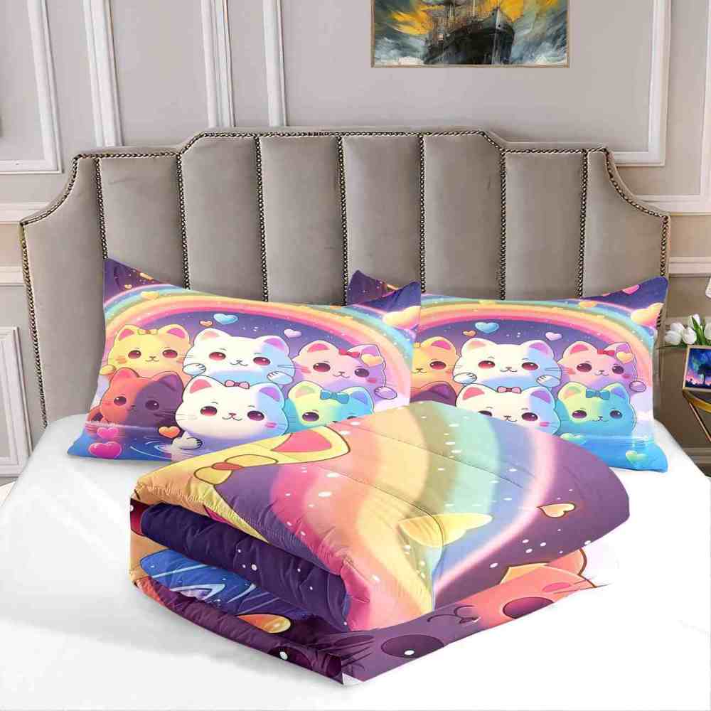 Pastel Rainbow Kawaii Cats Girls Comforter Set | CozyLil