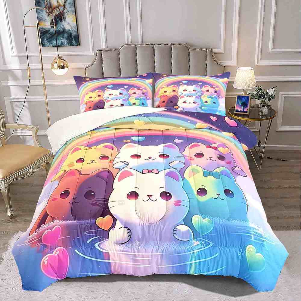 Pastel Rainbow Kawaii Cats Girls Comforter Set | CozyLil