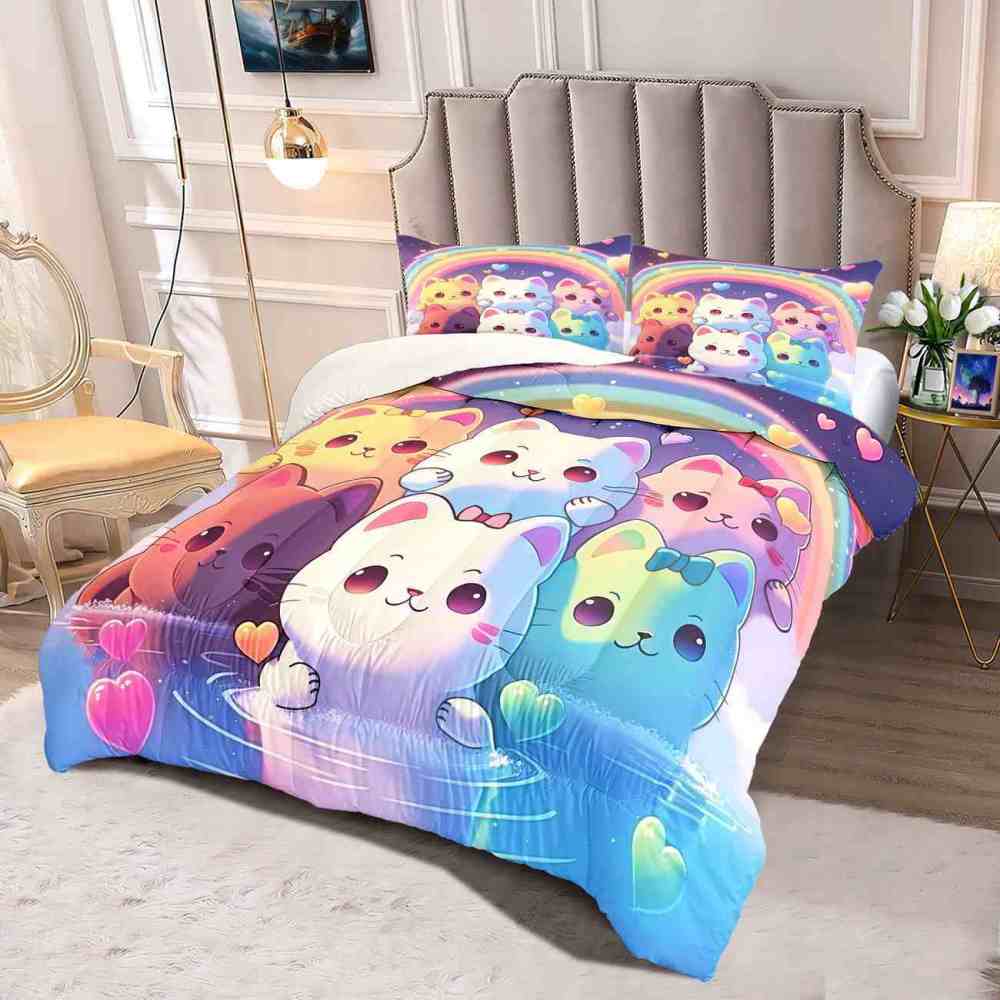 Pastel Rainbow Kawaii Cats Girls Comforter Set | CozyLil
