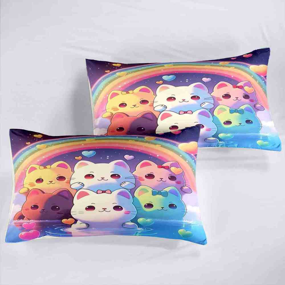 Pastel Rainbow Kawaii Cats Girls Comforter Set | CozyLil