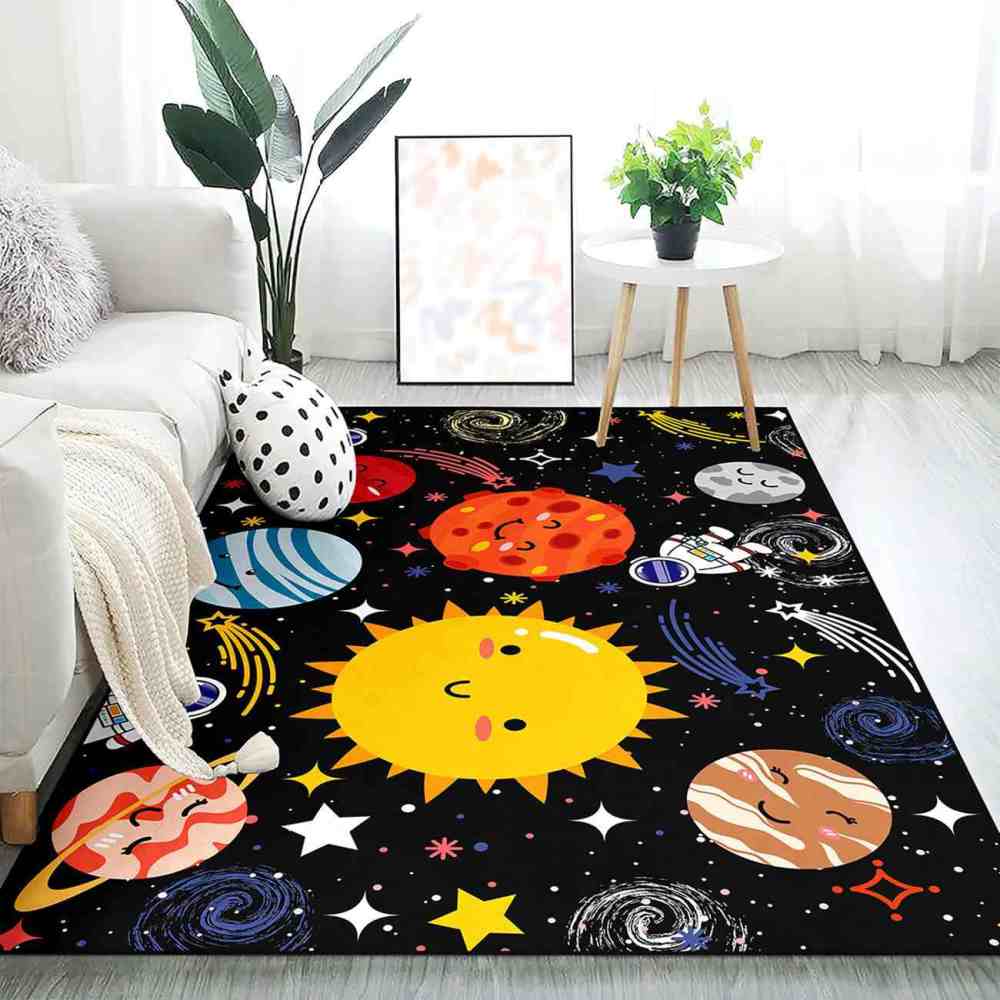 Cute Cartoon Outer Space Planets Playroom Area Rug for Kids | CozyLil