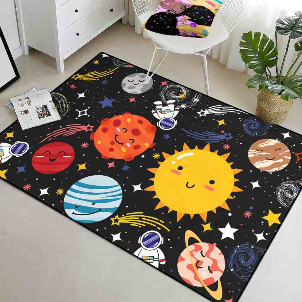 Cute Cartoon Outer Space Planets Playroom Area Rug for Kids | CozyLil