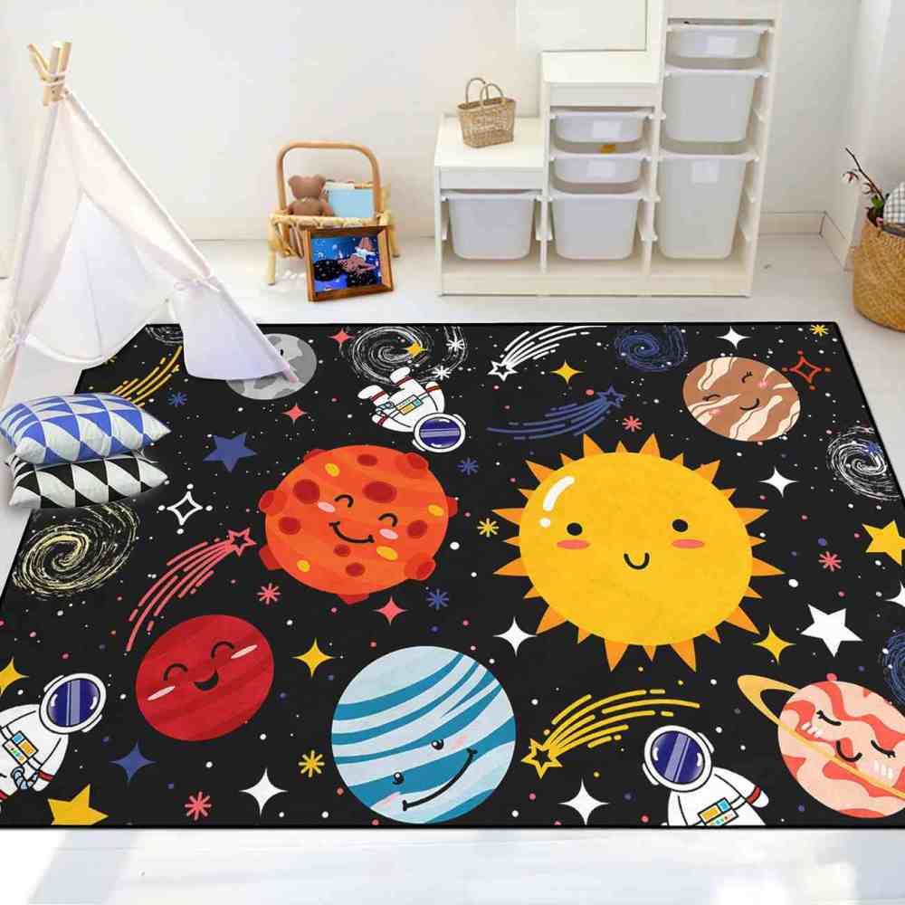 Cute Cartoon Outer Space Planets Playroom Area Rug for Kids | CozyLil