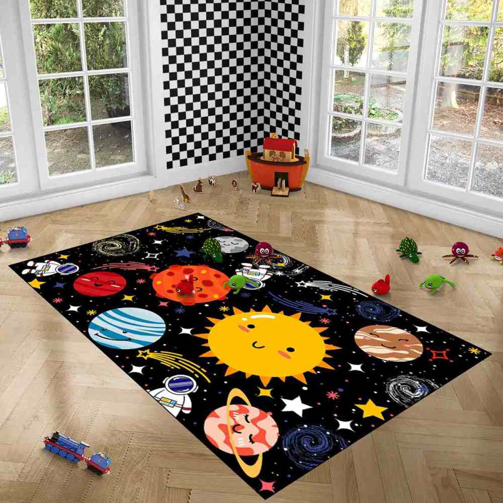 Cute Cartoon Outer Space Planets Playroom Area Rug for Kids | CozyLil
