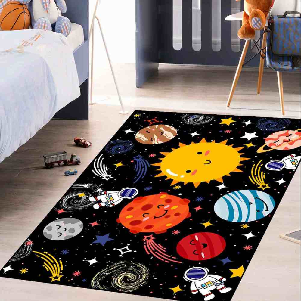 Cute Cartoon Outer Space Planets Playroom Area Rug for Kids | CozyLil