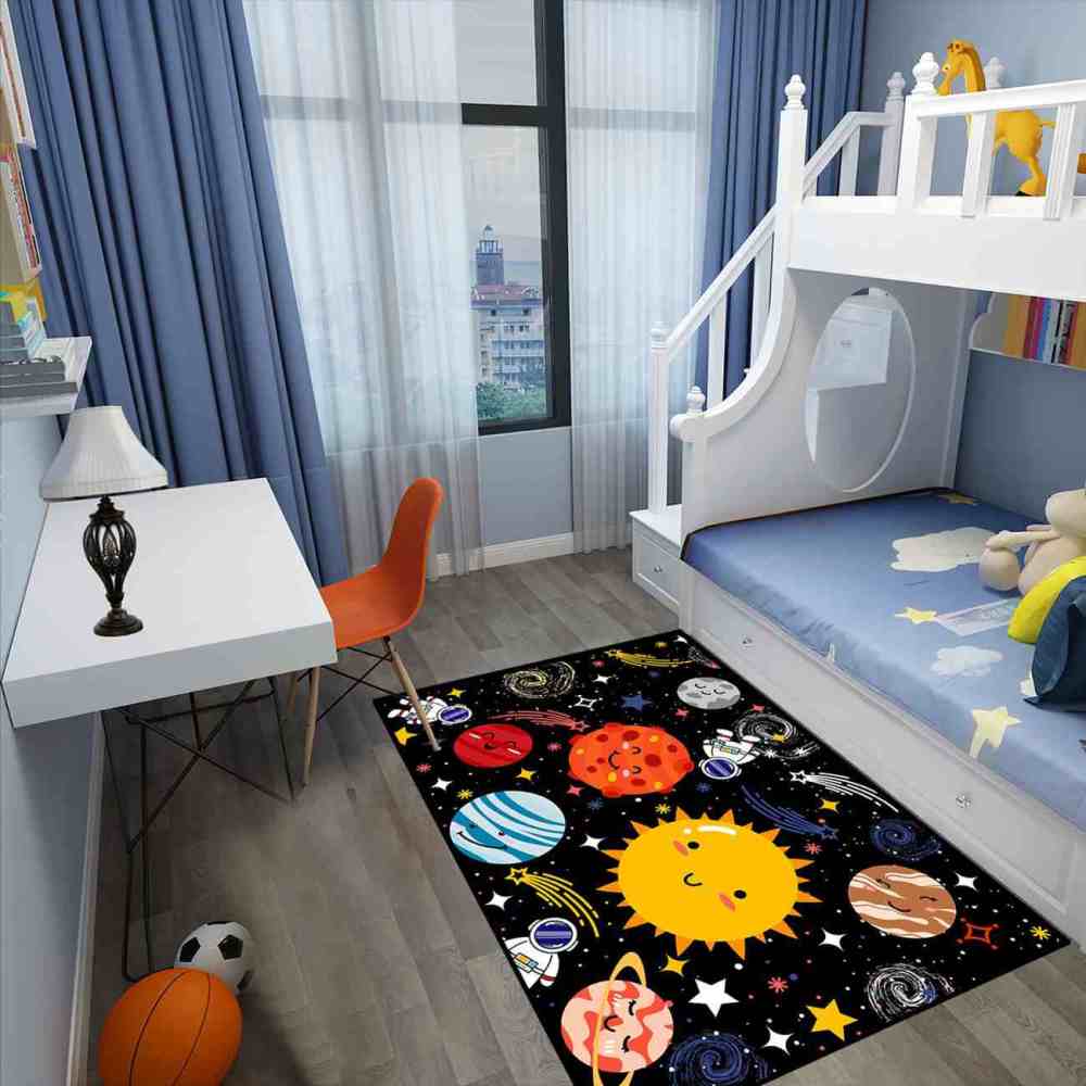Cute Cartoon Outer Space Planets Playroom Area Rug for Kids | CozyLil