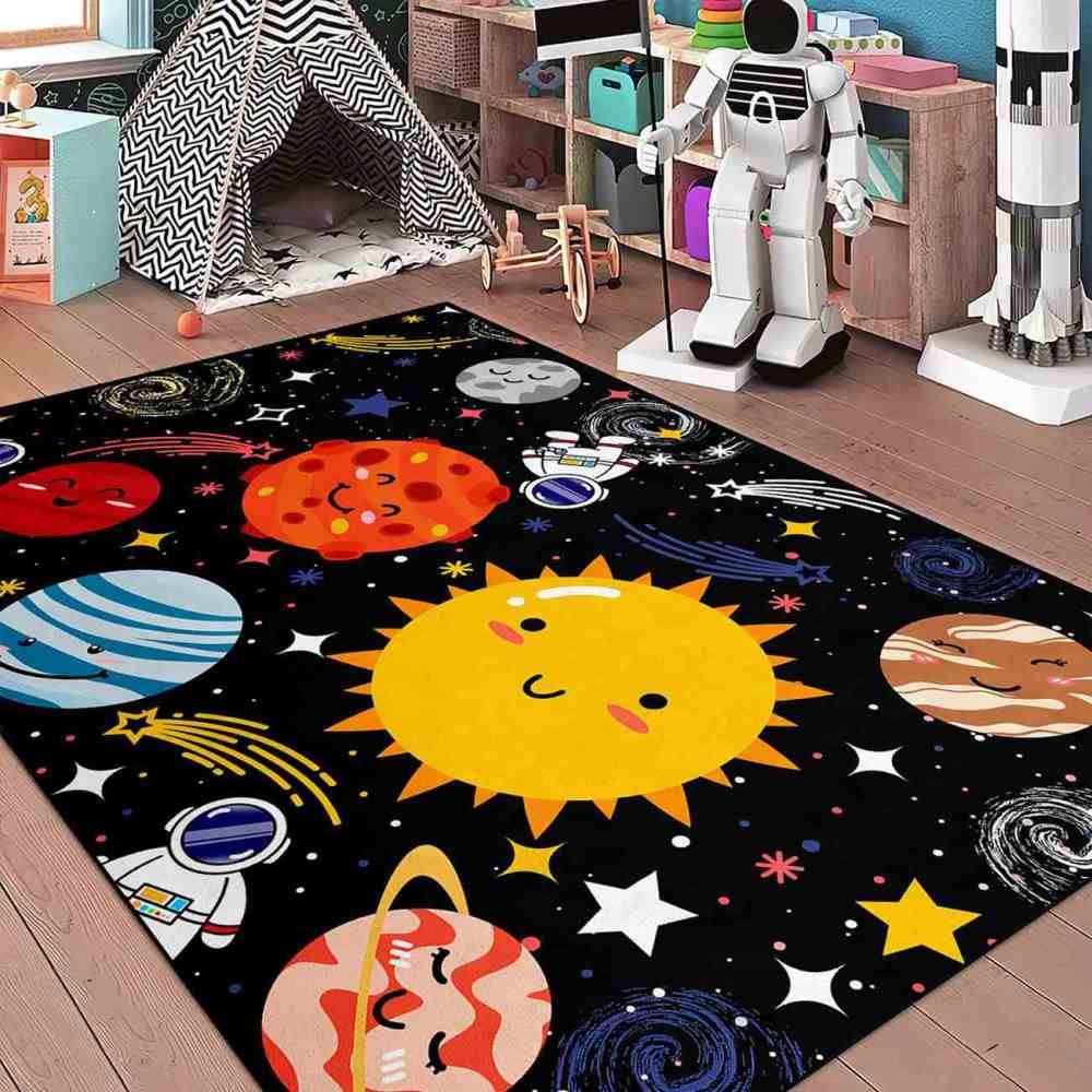 Cute Cartoon Outer Space Planets Playroom Area Rug for Kids | CozyLil