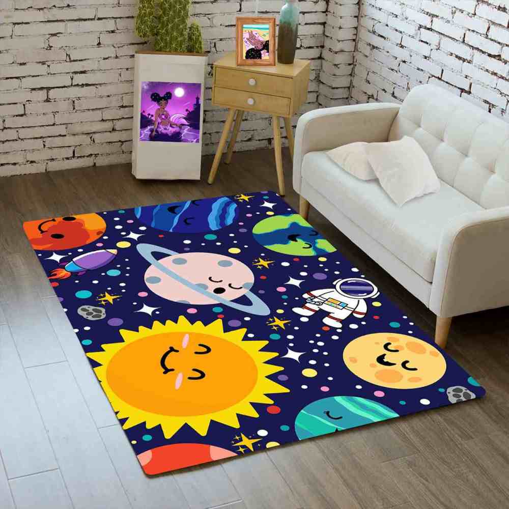 Deep Blue Galaxy Space Explorer Nursery Rug with Saturn Motif | CozyLil