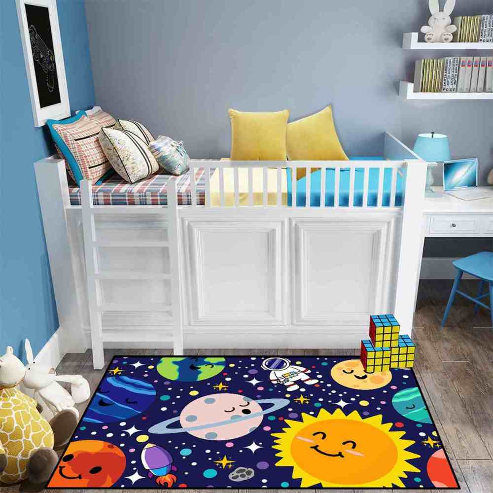 Deep Blue Galaxy Space Explorer Nursery Rug with Saturn Motif | CozyLil