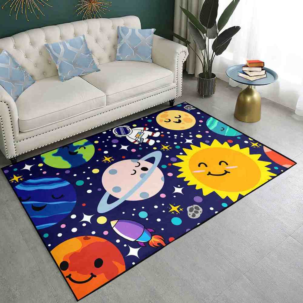 Deep Blue Galaxy Space Explorer Nursery Rug with Saturn Motif | CozyLil