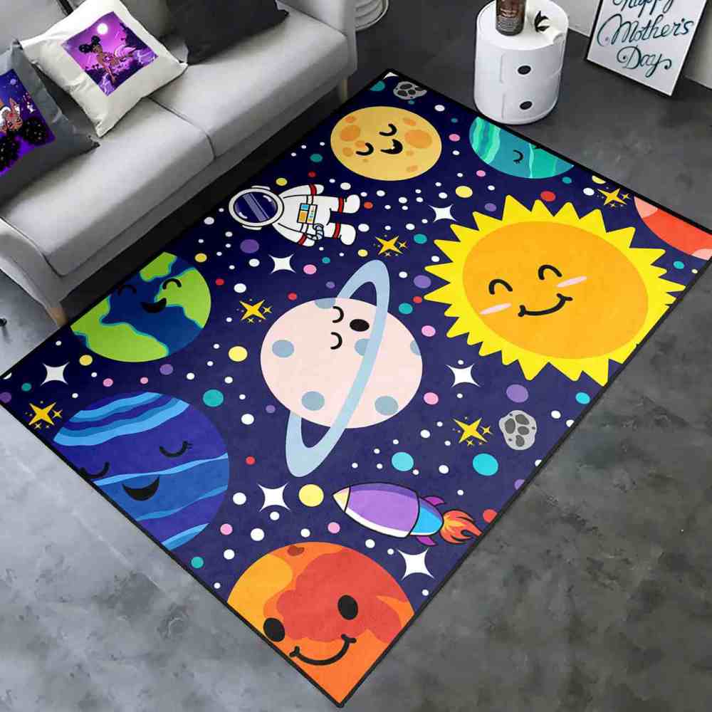 Deep Blue Galaxy Space Explorer Nursery Rug with Saturn Motif | CozyLil