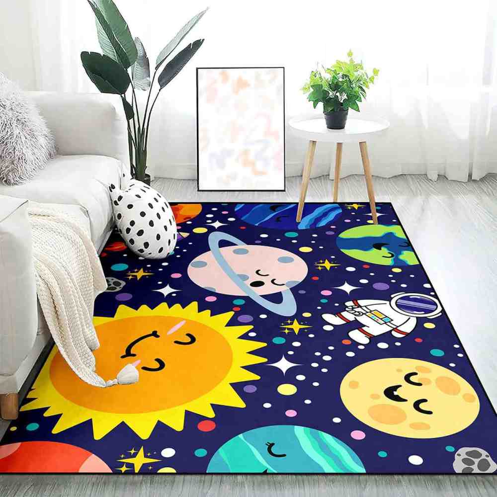 Deep Blue Galaxy Space Explorer Nursery Rug with Saturn Motif | CozyLil
