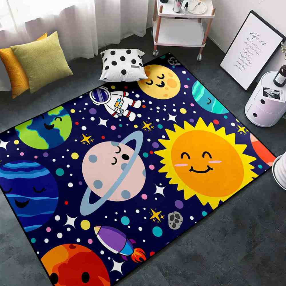 Deep Blue Galaxy Space Explorer Nursery Rug with Saturn Motif | CozyLil