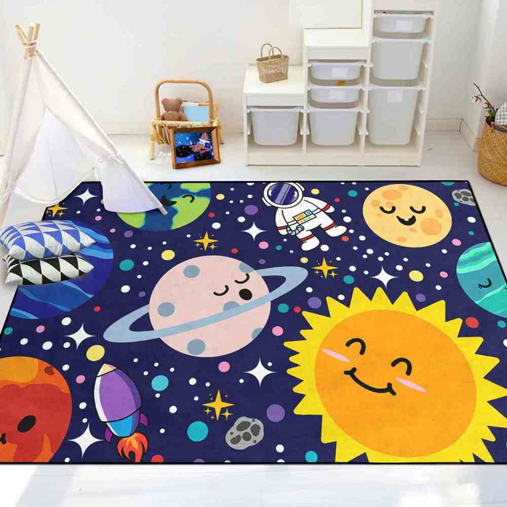 Deep Blue Galaxy Space Explorer Nursery Rug with Saturn Motif | CozyLil