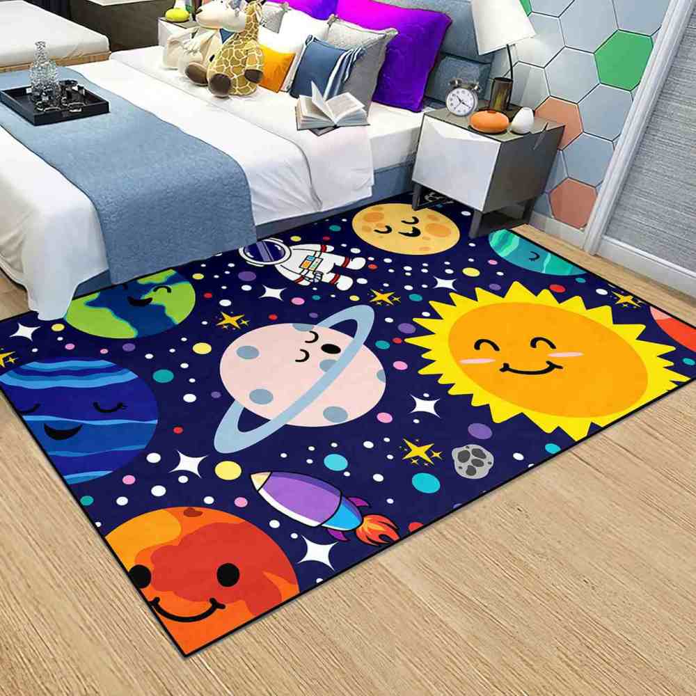 Deep Blue Galaxy Space Explorer Nursery Rug with Saturn Motif | CozyLil