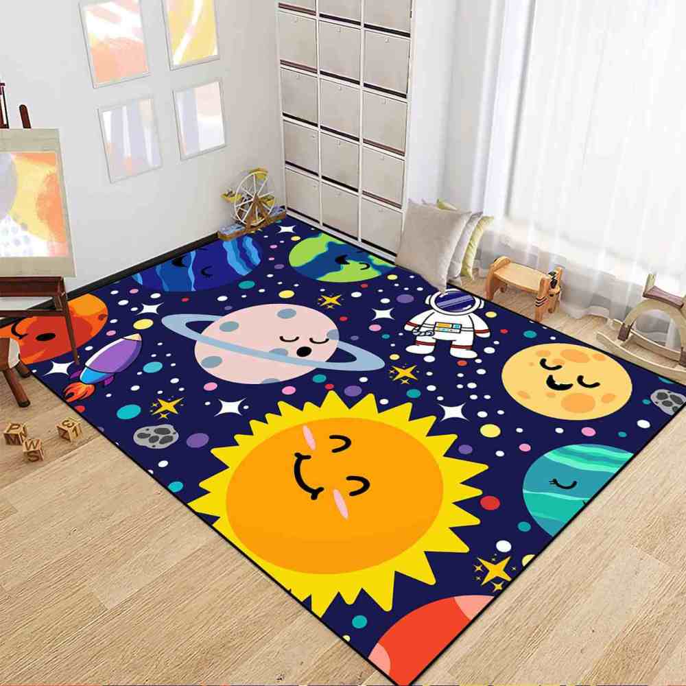 Deep Blue Galaxy Space Explorer Nursery Rug with Saturn Motif | CozyLil