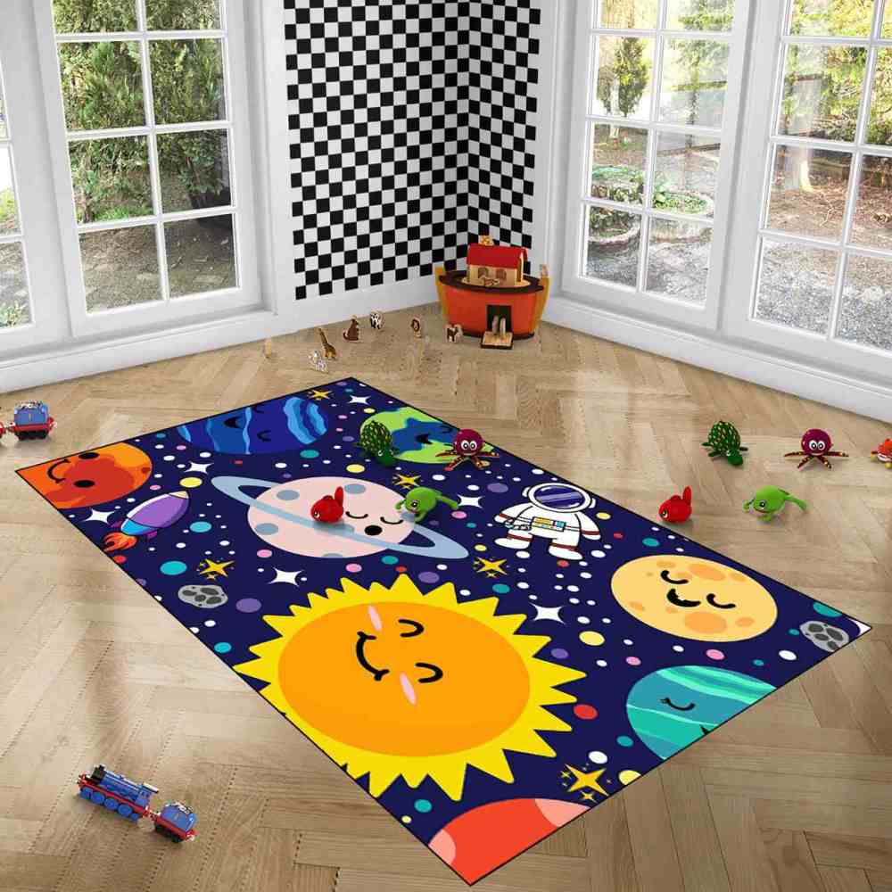 Deep Blue Galaxy Space Explorer Nursery Rug with Saturn Motif | CozyLil