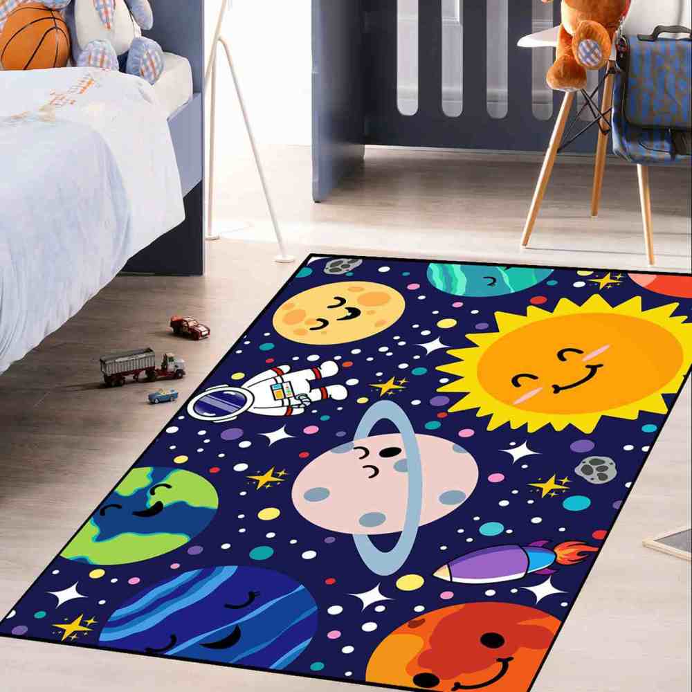 Deep Blue Galaxy Space Explorer Nursery Rug with Saturn Motif | CozyLil