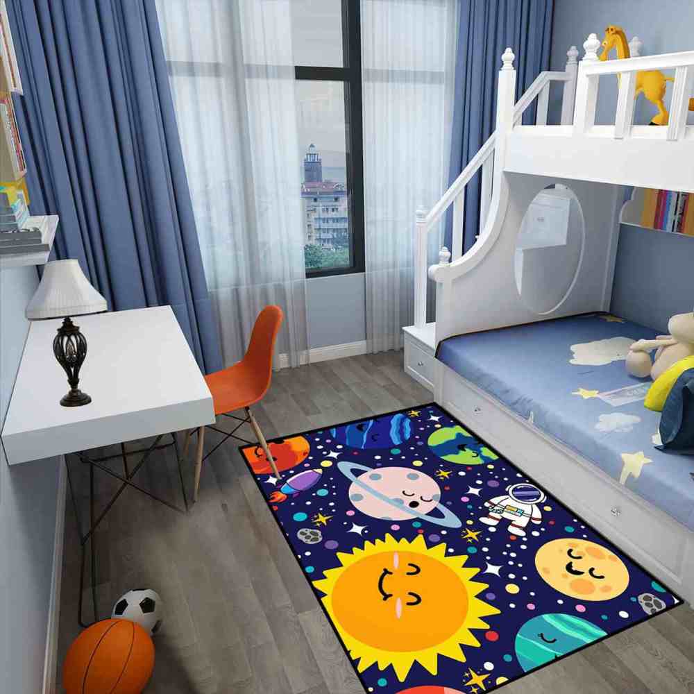 Deep Blue Galaxy Space Explorer Nursery Rug with Saturn Motif | CozyLil