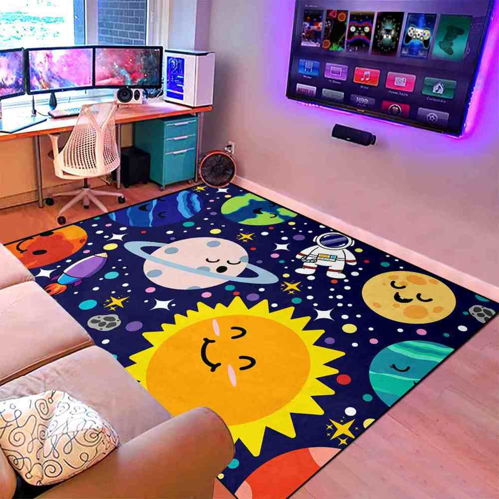 Deep Blue Galaxy Space Explorer Nursery Rug with Saturn Motif | CozyLil