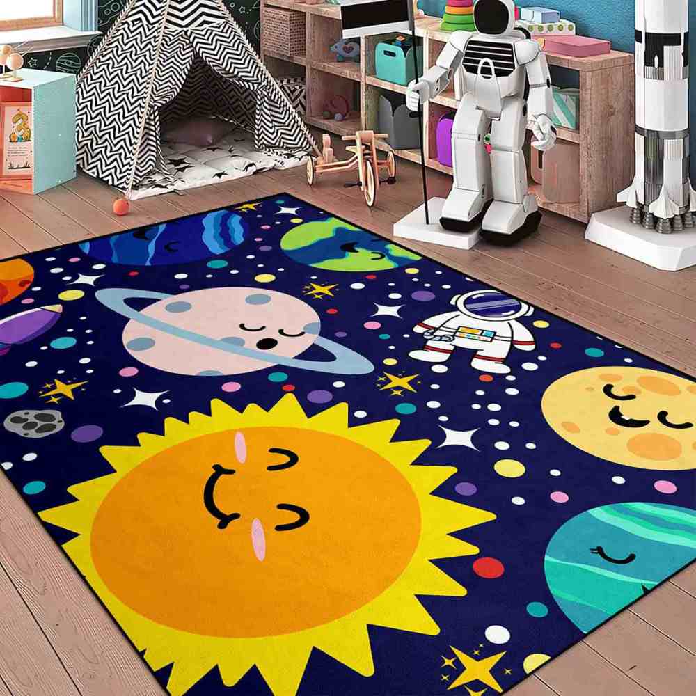 Deep Blue Galaxy Space Explorer Nursery Rug with Saturn Motif | CozyLil