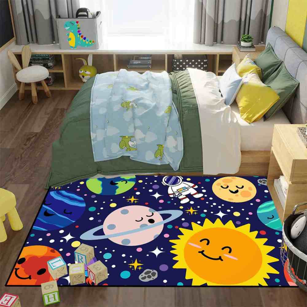 Deep Blue Galaxy Space Explorer Nursery Rug with Saturn Motif | CozyLil