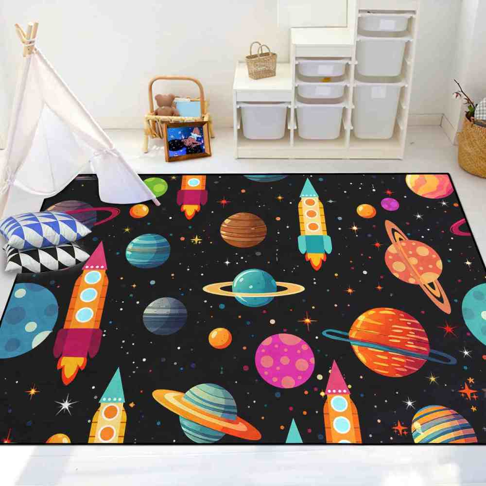Blast Off Rocket Ship Kids Rug Upgrade Ultra Non-Slip | CozyLil