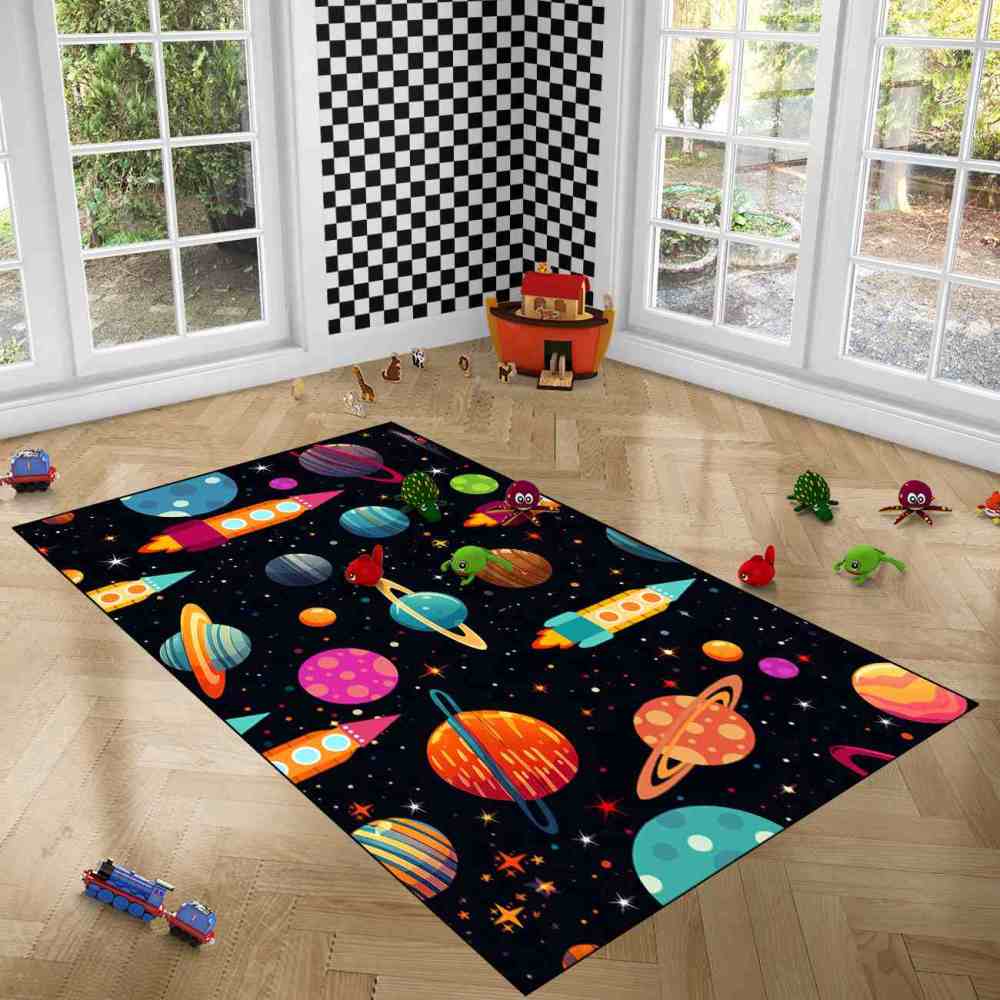 Blast Off Rocket Ship Kids Rug Upgrade Ultra Non-Slip | CozyLil