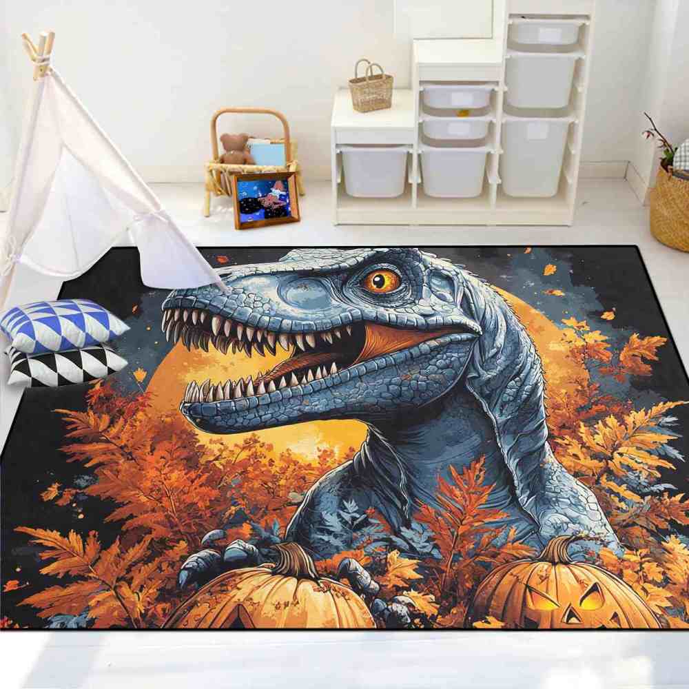 Prehistoric Fall Dinosaur Pumpkin Boys Playroom Area Rug | CozyLil