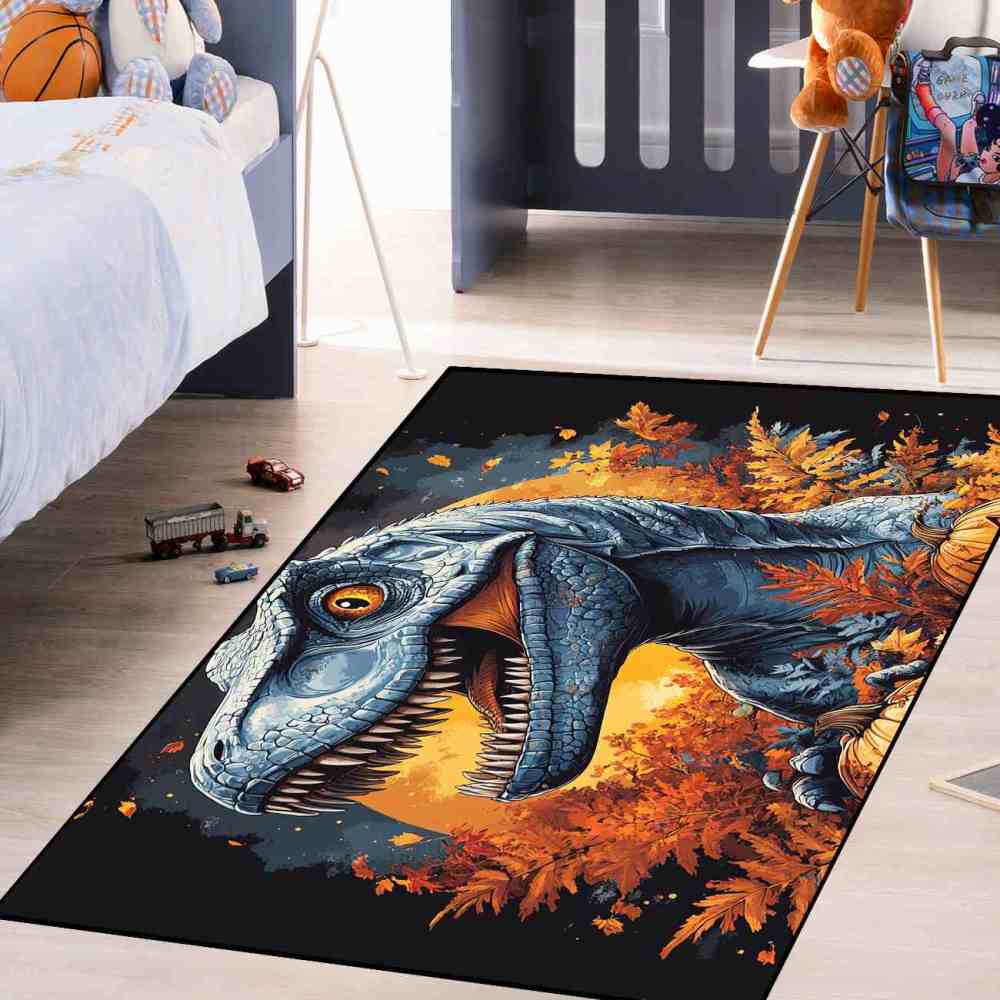 Prehistoric Fall Dinosaur Pumpkin Boys Playroom Area Rug | CozyLil