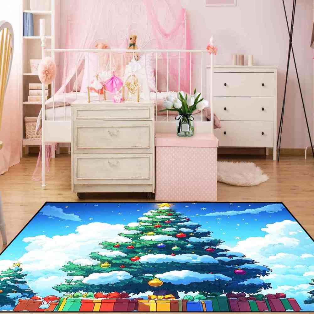 Classic Cartoon Christmas Tree Kids Playroom Area Rug | CozyLil